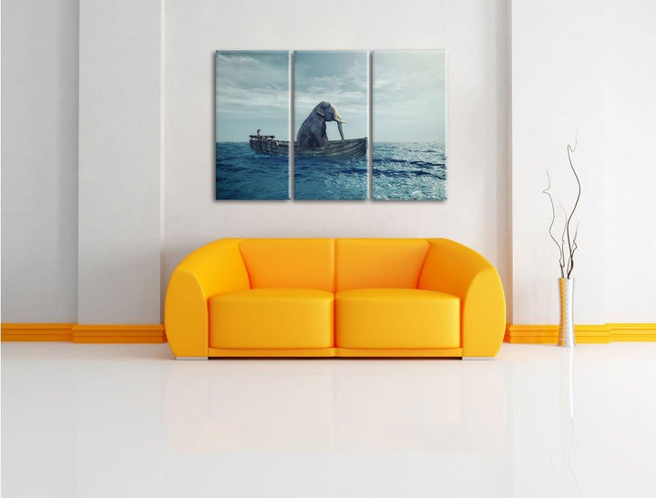 Pixxprint lustig sitzender Elefant im Boot als Leinwandbild - Grösse: 3-Teilig (120x80cm) - Wandbild