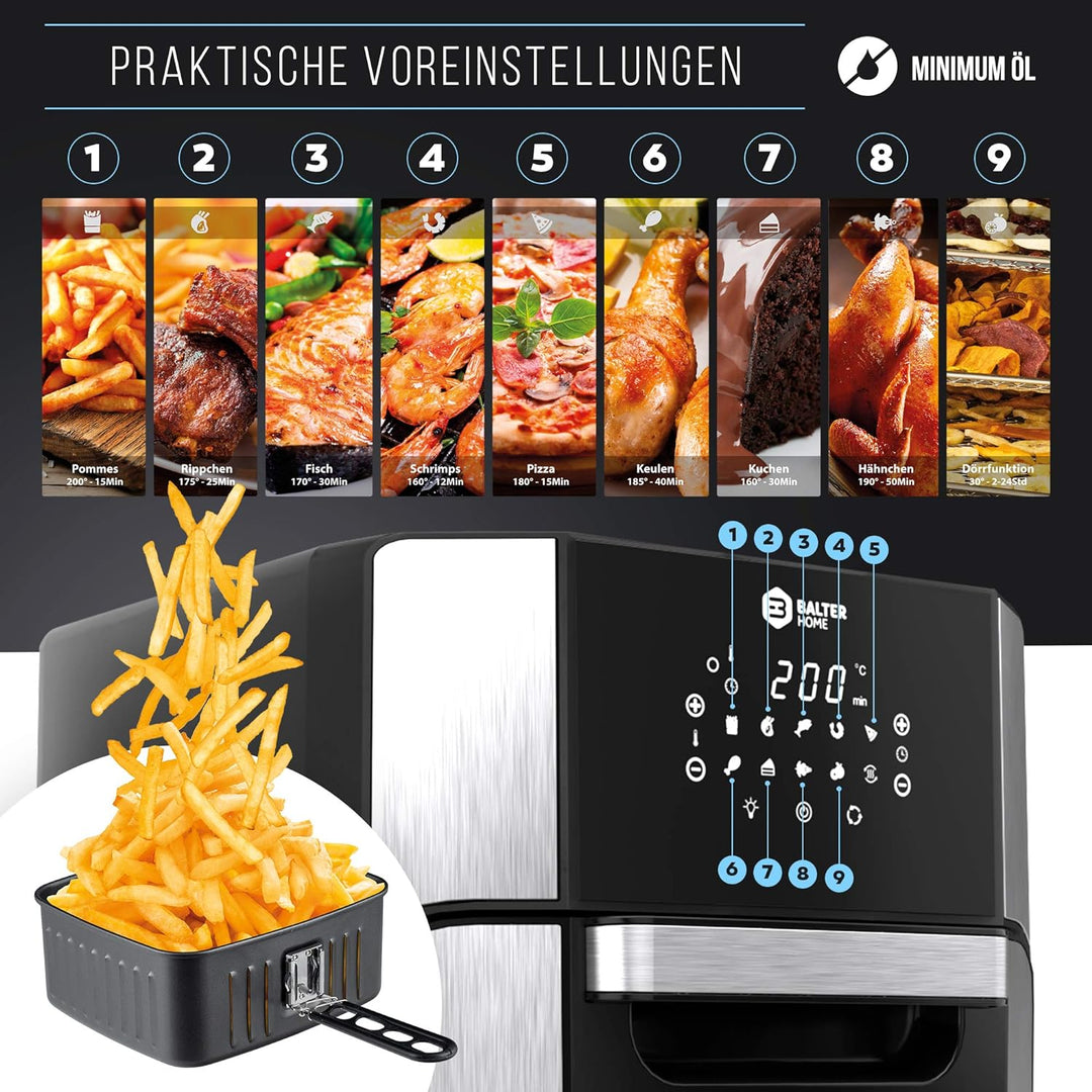 Balter Heissluftfritteuse HL-1200, Friteuse, 12 Liter, Mini Backofen, Dörrautomat Funktion, LCD Disp