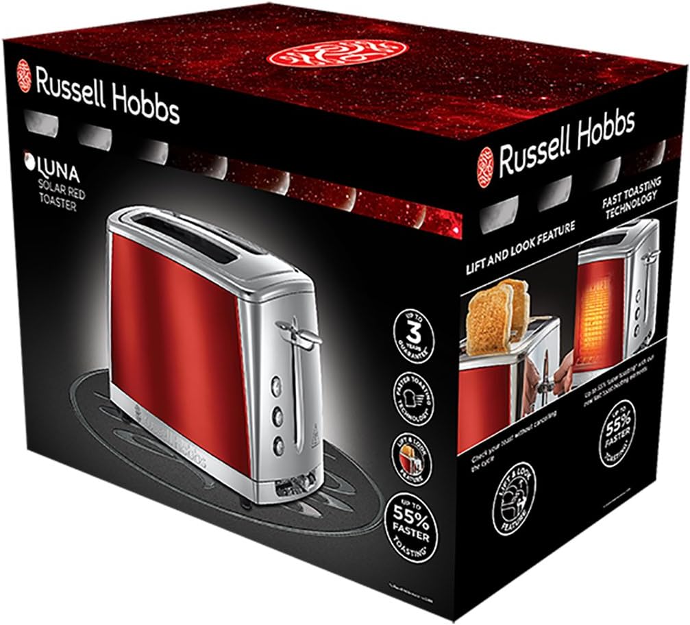 Russell Hobbs Toaster [für 2 Scheiben] Luna Edelstahl Rot (extra breite Toastschlitze, inkl. Brötche