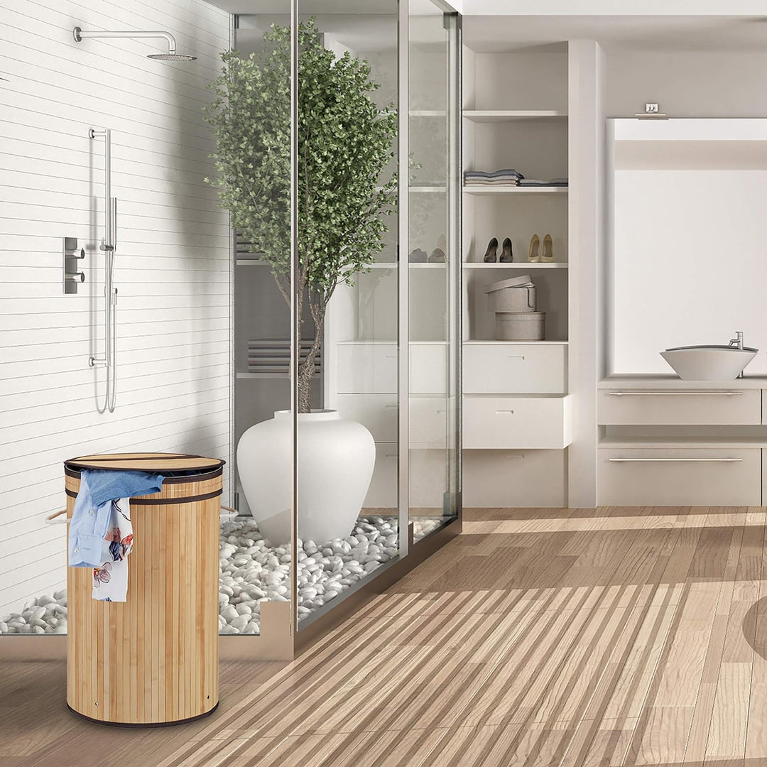 Relaxdays Wäschekorb Bambus, runder Wäschesammler mit Klappdeckel, 65 l, faltbare Wäschetonne, rund