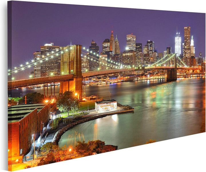 islandburner Bild auf Leinwand Manhattan Skyline Nacht Bilder Wandbilder Poster Leinwand 80x40cm, Le