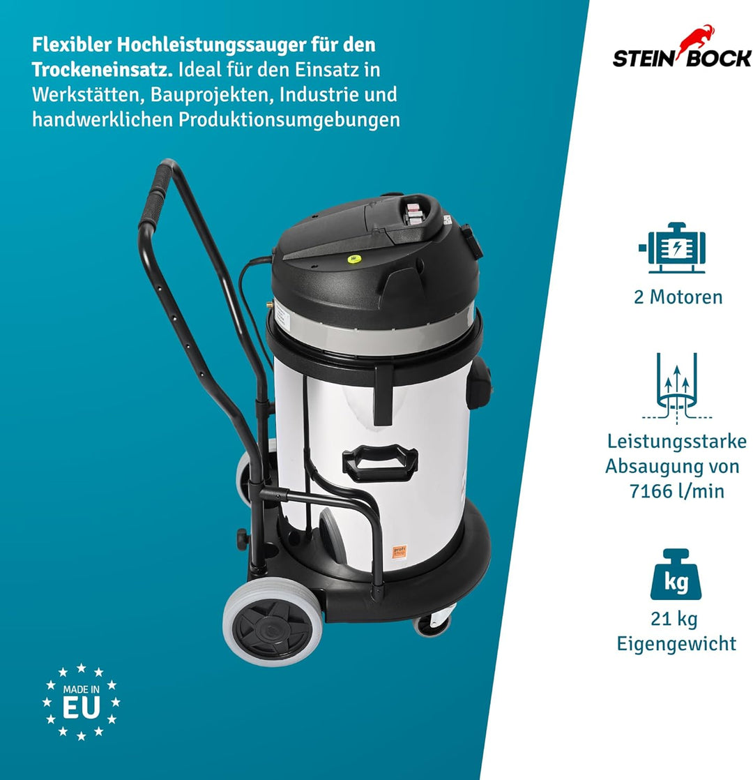 Steinbock Industriesauger trocken| 2.400 Watt | 62 l Fassungsvermögen | für zertifizierte Absaugung