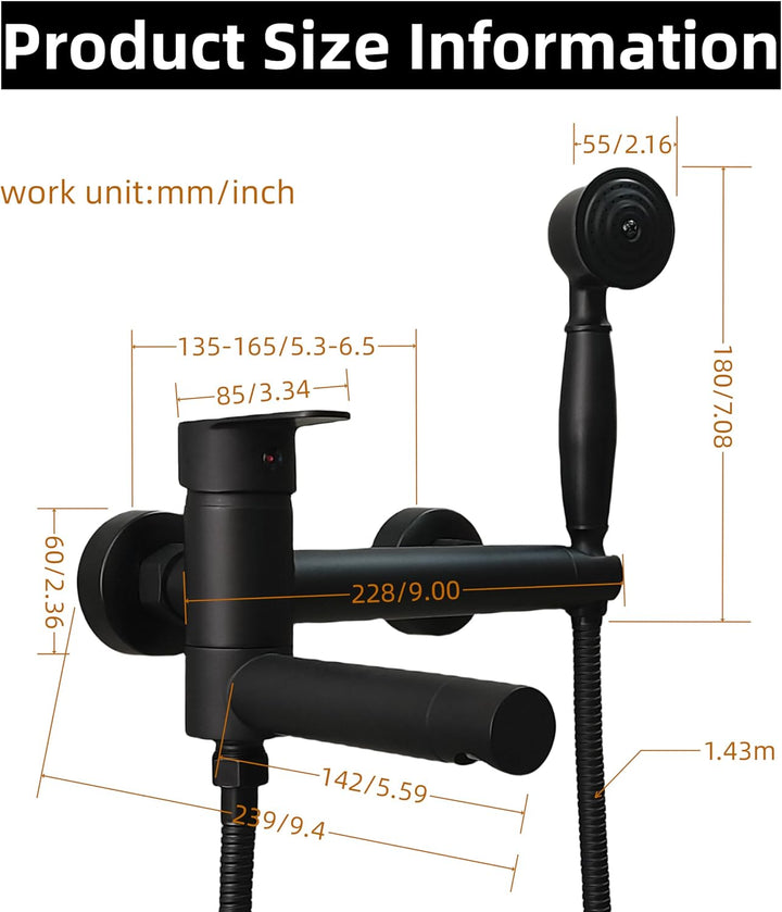 KOPYFANTAP Badewannenarmatur mit Handbrause Schwarz, Wandmontage Mischbatterie Badewanne Wasserhahn