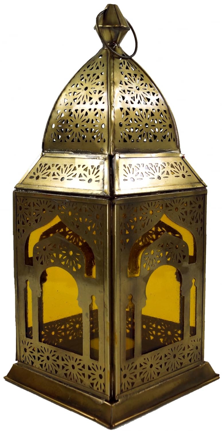 GURU SHOP Orientalische Metall/Glas Laterne in Marrokanischem Design, Windlicht, Gelb, Farbe: Gelb,