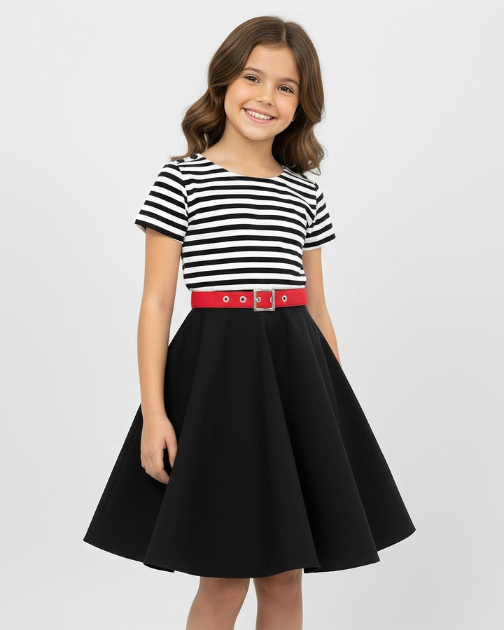 BlackButterfly Kinder 'Maria' Vintage Gestreift Mädchen Kleid im 50er-Jahre-Stil 3-4 Jahre Schwarz,