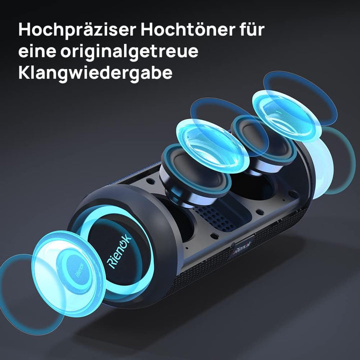 RIENOK Bluetooth Lautsprecher mit Licht Bluetooth 5.3 Musikbox Bass Kabellos Box mit IPX7 wasserdich