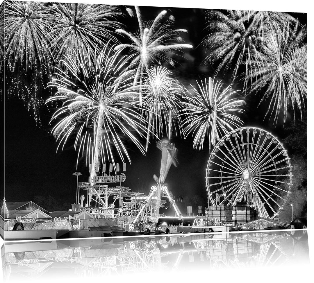 Pixxprint Monocrome, Silvester Riesenrad, Feuerwerk, Format: 100x70 auf Leinwand, 100x70