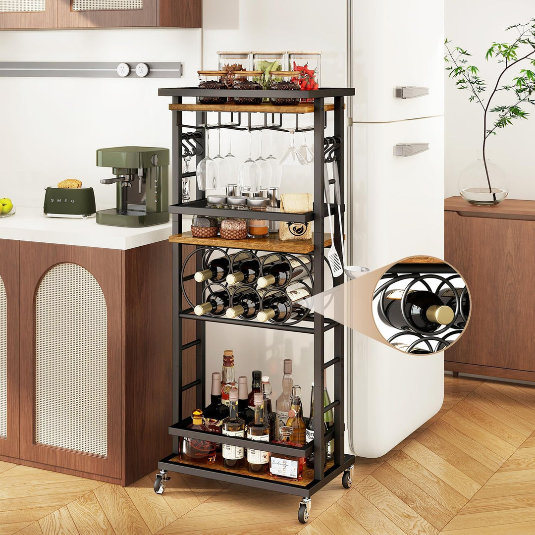 IBUYKE 4 Ebenen Weinregal mit Rollen,Freistehend Weinregal, Barwagen für Spirituosen, Whisky und Wei
