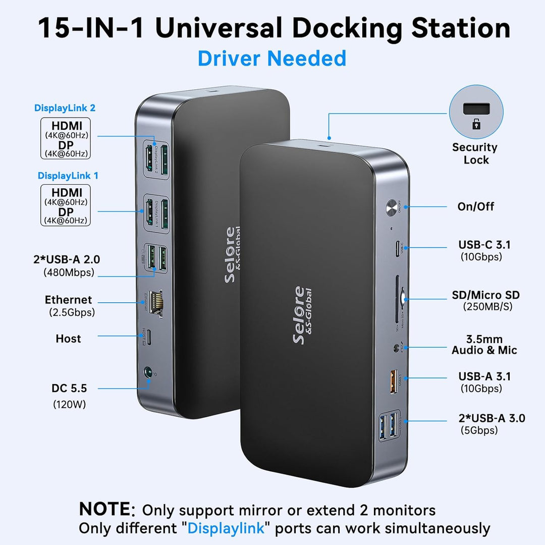 USB C DisplayLink Dockingstation mit 120W Netzteil, 15 in 1 Laptop USB C Dock Dual Monitor mit 2 HDM