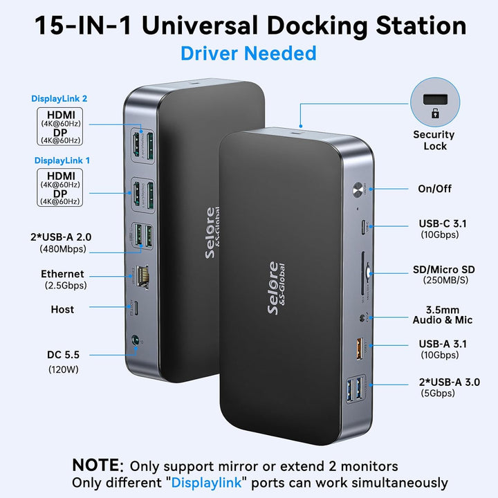 USB C DisplayLink Dockingstation mit 120W Netzteil, 15 in 1 Laptop USB C Dock Dual Monitor mit 2 HDM