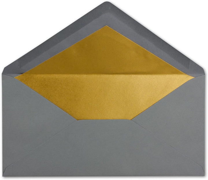 100 Brief-Umschläge DIN Lang - Graphit/Dunkel-Grau mit Gold-Metallic Innen-Futter - 110 x 220 mm - N