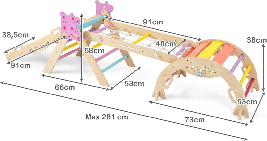 HOMASIS 4 in 1 Kletterdreieck mit Kletternetz, Kletterbogen, Wippe &amp; Leiter, Klettergerüst mit doppe