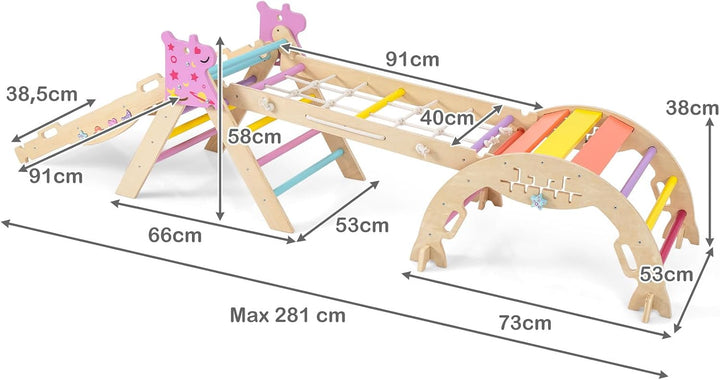 HOMASIS 4 in 1 Kletterdreieck mit Kletternetz, Kletterbogen, Wippe &amp; Leiter, Klettergerüst mit doppe