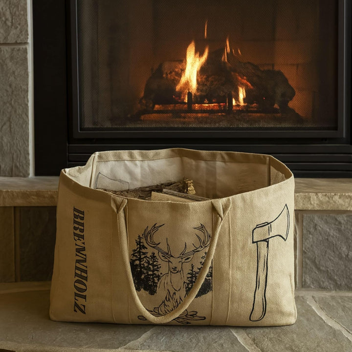 Domelo XXL Holzkorb Holzscheittasche Brennholz Tragetasche 67L mit Wachsbeschichtung belastbar bis 3