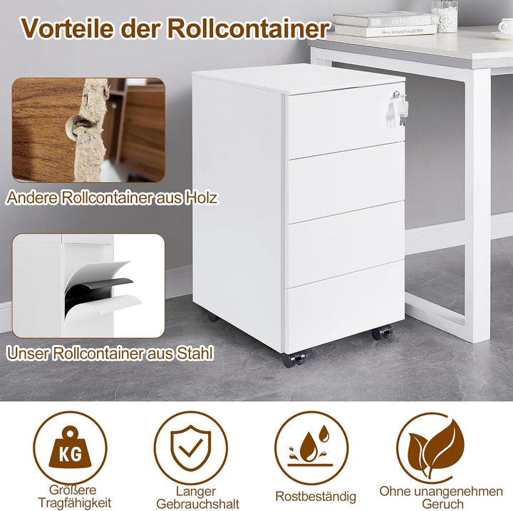 Rollcontainer, Mobiler Aktenschrank mit Schloss, 4 Schlüssel, 4 Schubladen, Metallschrank, Bereits V