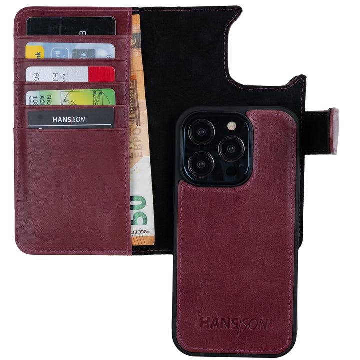 HANS/SON Klappbare Echtlederhülle in Magenta | iPhone 14 Pro Max Ledercase mit Kartenfächern | Leder