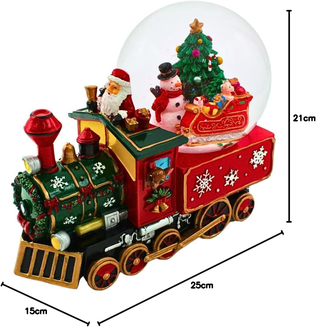 Schneekugel als Lokomotive mit Spielwerk, Schneemann, Weihnachtsmann und Tannenbaum, Sockel als Lok,