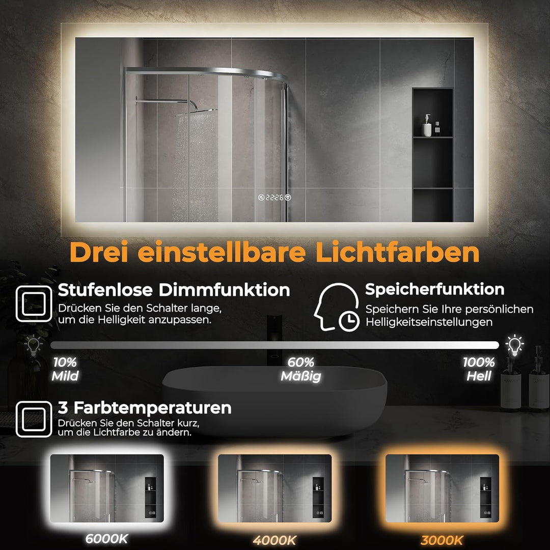 SVNR Badezimmerspiegel Mit Beleuchtung LED-120 x 60 cm Hintergrundbeleuchtung und 4mm Kupferfreiem,