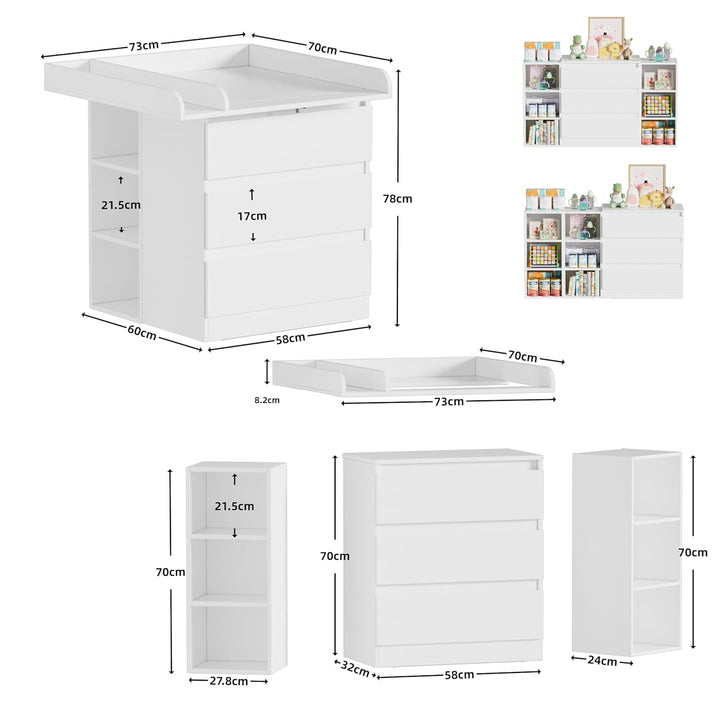 2-in-1 Wickelkommode mit abnehmbarem Wickelaufsatz, Baby Wickeltisch&Kommode mit 3 Schubladen und 6