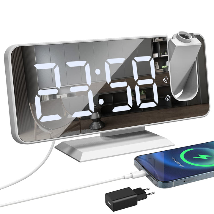 Exmate Projektionswecker, Digital Wecker mit Projektion, USB-Ladeanschluss, 7.5'' grosses Spiegel-LE