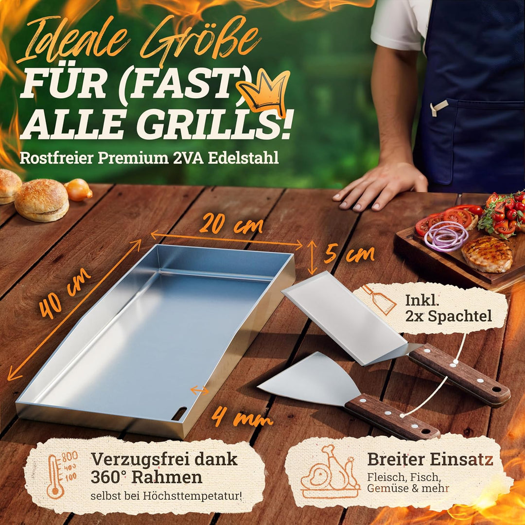LIKAYA Plancha Edelstahl Grillplatte [20x40cm] – Verzugsfreier 4mm Edelstahl inkl 2x Grillspachtel m