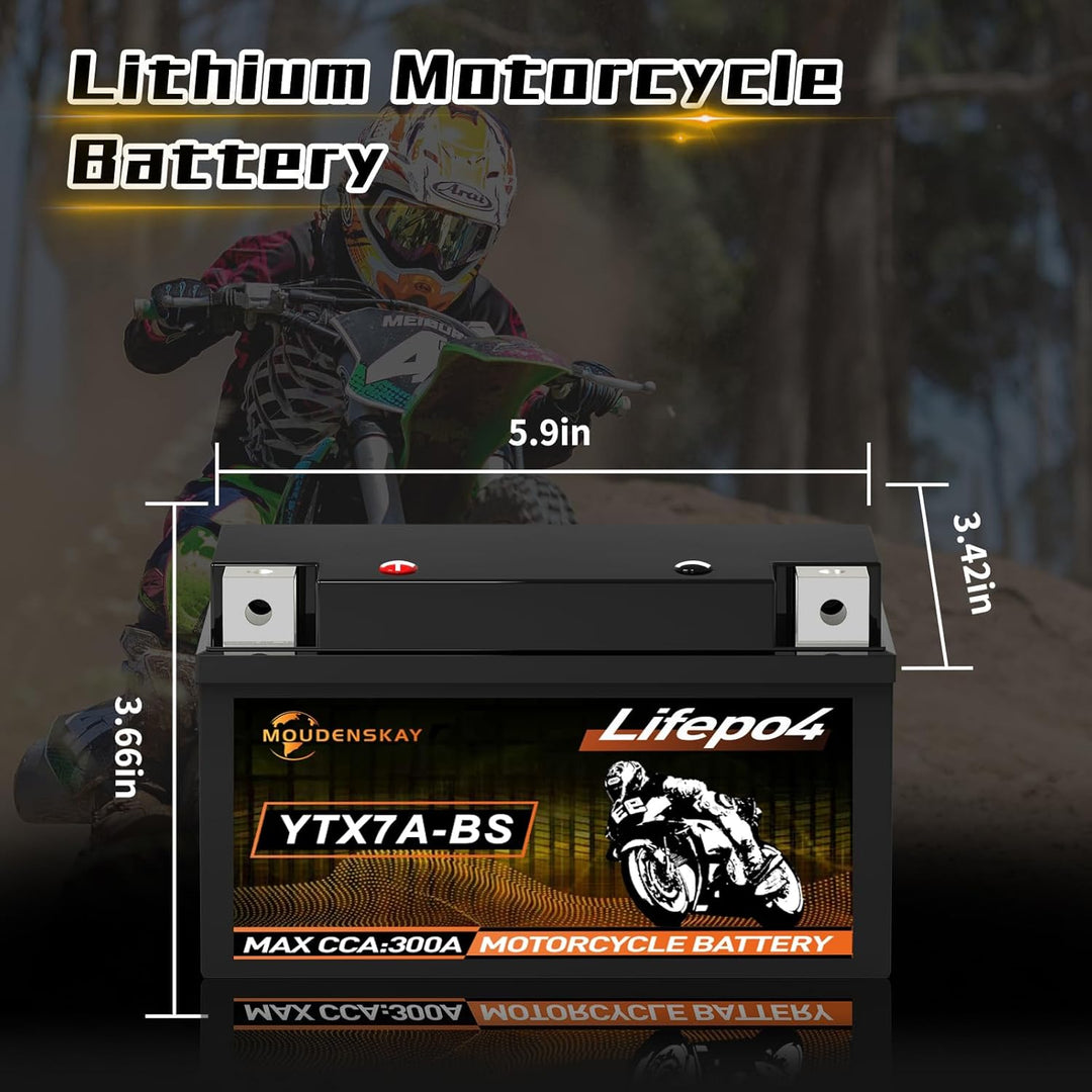 MOUDENSKAY Lithium Motorrad Batterie 12V Lithium Powersports Batterie mit BMS (YTX7A-BS 12.8V 3Ah 30