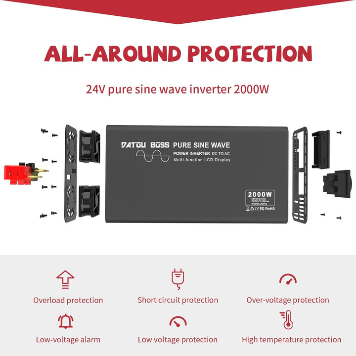 DATOUBOSS Wechselrichter 24V auf 230V Reiner Sinus mit 1 EU Steckdose & USB-Port-inkl& LCD Anzeige S