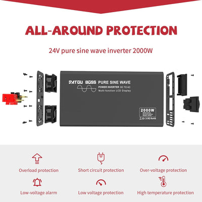 DATOUBOSS Wechselrichter 24V auf 230V Reiner Sinus mit 1 EU Steckdose & USB-Port-inkl& LCD Anzeige S