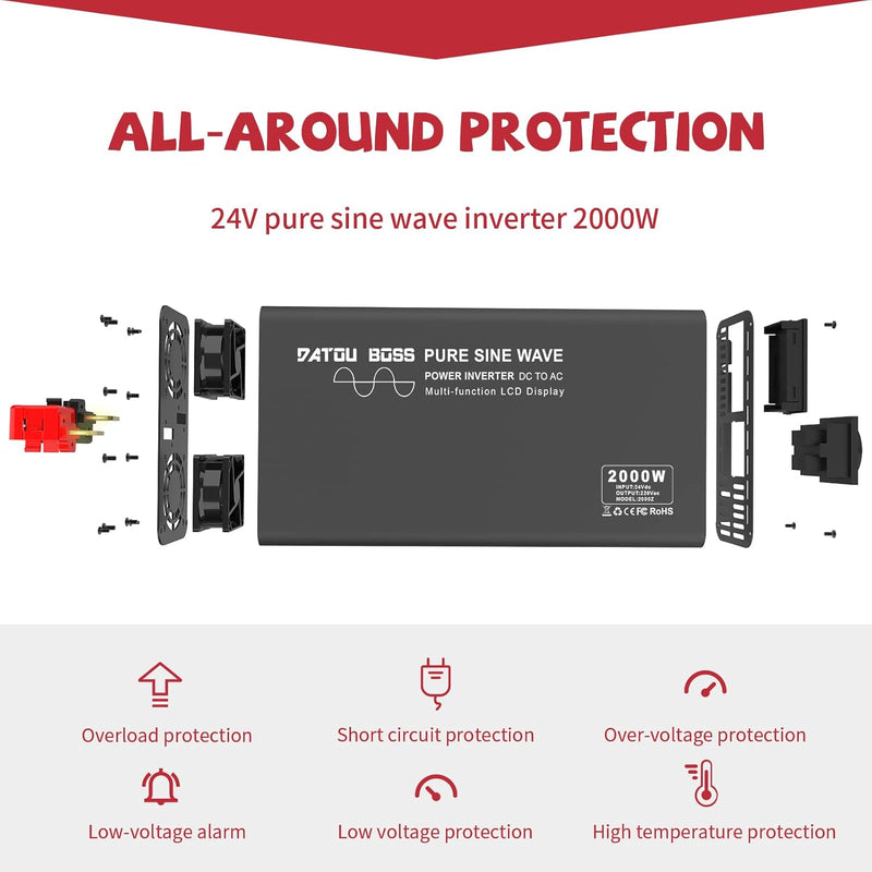 DATOUBOSS Wechselrichter 24V auf 230V Reiner Sinus mit 1 EU Steckdose & USB-Port-inkl& LCD Anzeige S