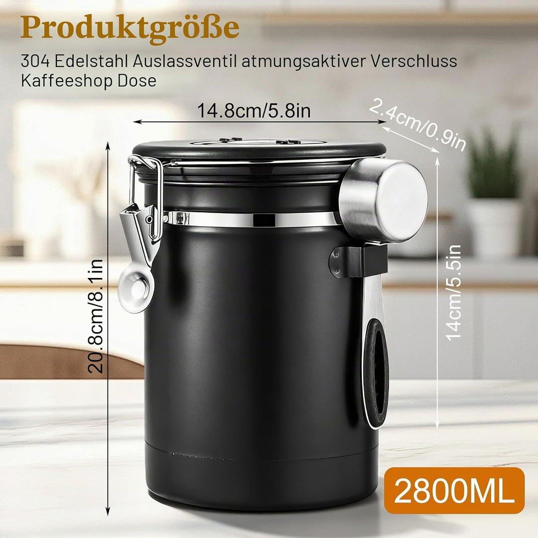 GOEDCH 2.8 L Kaffeedose Luftdicht Bohnen: KaffeebohnenbehäLter aus Edelstahl mit Auslassventil, Mess