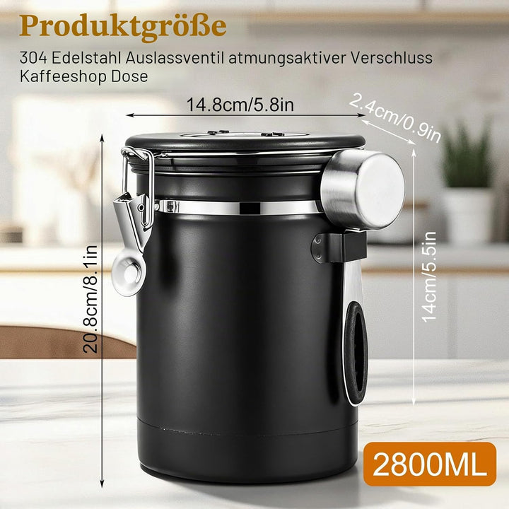 GOEDCH 2.8 L Kaffeedose Luftdicht Bohnen: KaffeebohnenbehäLter aus Edelstahl mit Auslassventil, Mess