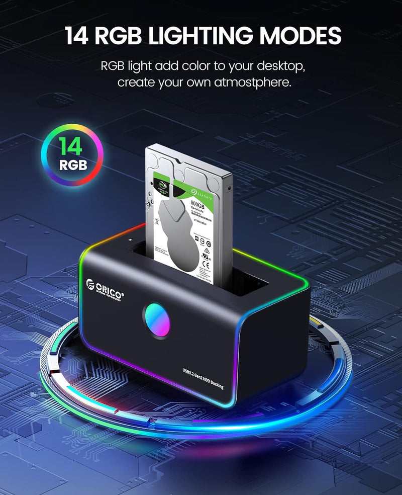 ORICO RGB Festplatten Dockingstation, USB 3.2 Gen 2 Zu SATA Festplattengehäuse für 2,5/3,5 Zoll SSD/