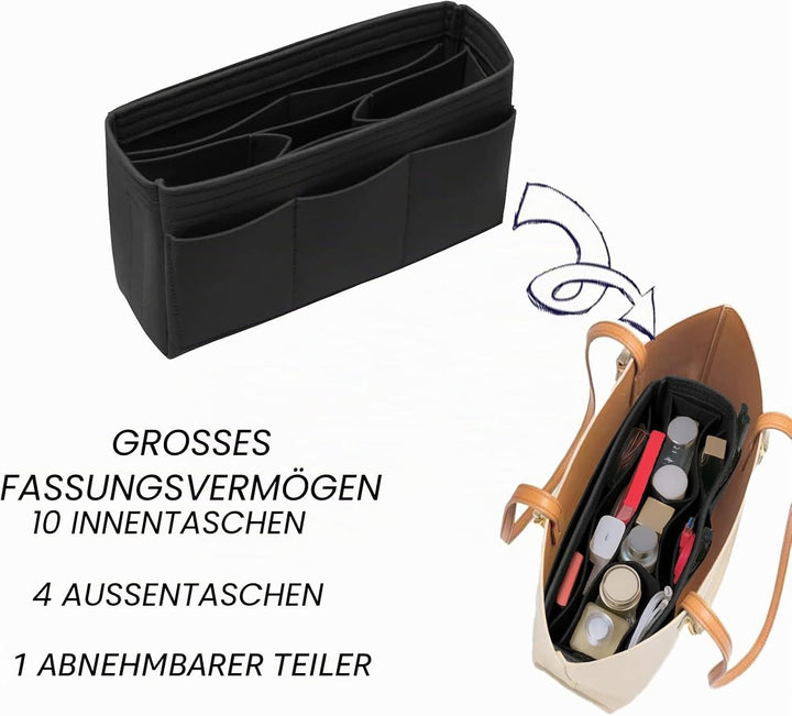 DailyPlus Taschenorganizer-Einsatz aus Filz, für Handtasche oder Tote Bag, 14 Fächer, Schwarz, Gröss