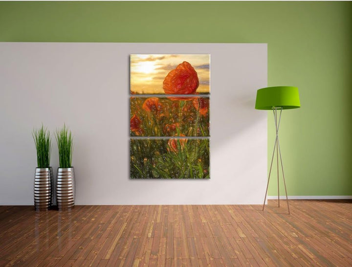 Pixxprint Mohnfeld Kunst Buntstift Effekt 3-Teiler Leinwandbild 120x80 Bild auf Leinwand