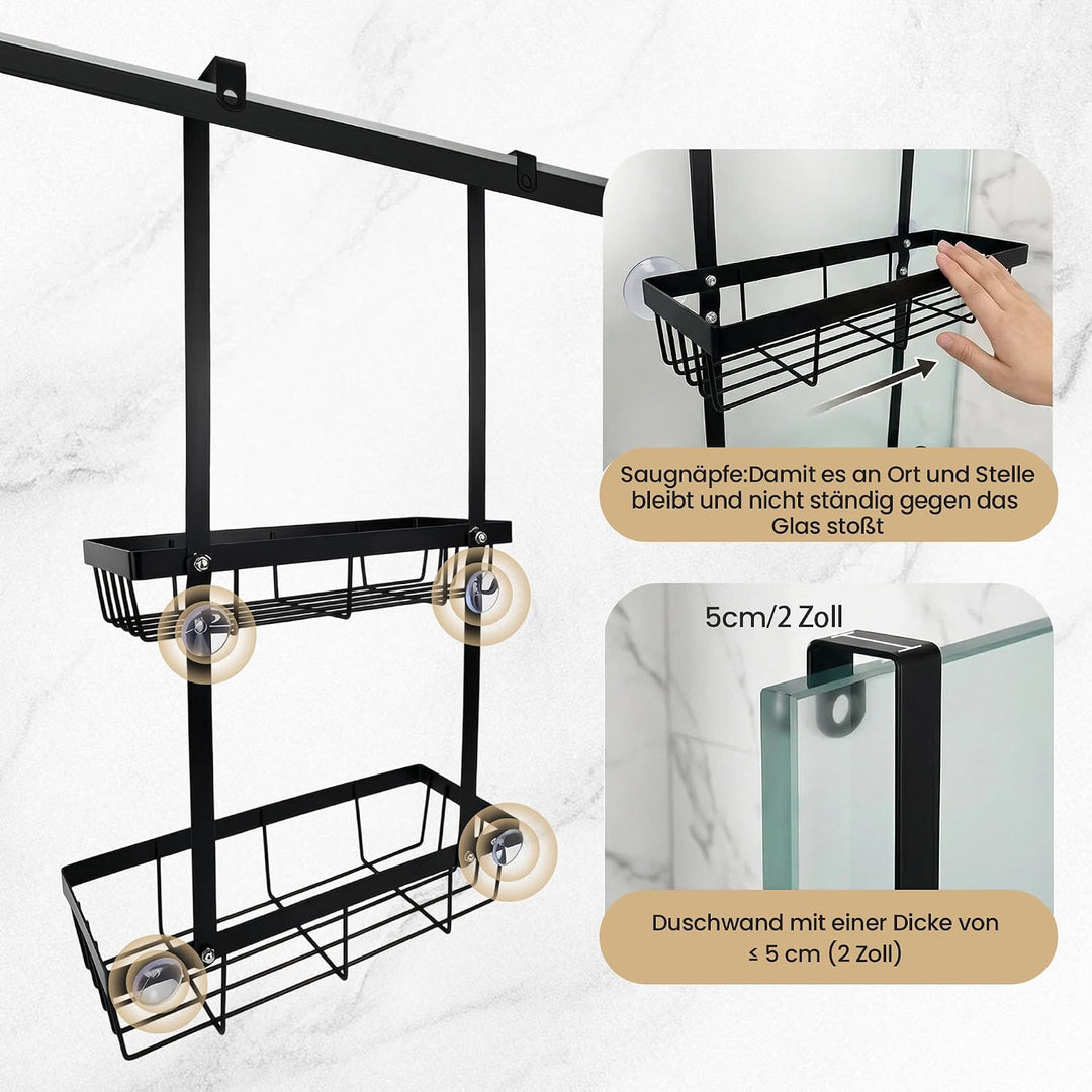 Duschablage zum Hängen Schwarz, Duschregal Ohne Bohren für Badezimmer Organizer Hängeregal mit 2 Dus