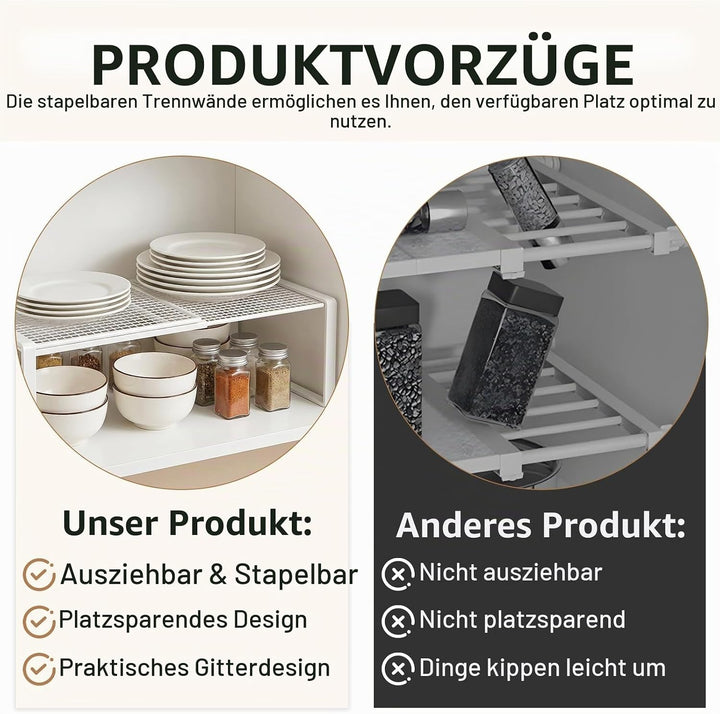 Erweiterbares Schrankregal Weiss, Stapelbares Organizer Regal mit Metalltrennwänden und Ausziehböden