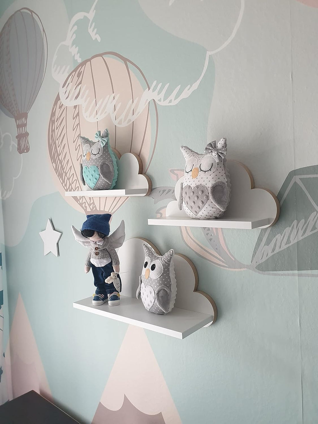 3er Set Wandregal Kinderzimmer Weiss | Babyzimmer Wolkenregal für Bücher, Spielzeug, Dekoration | Re