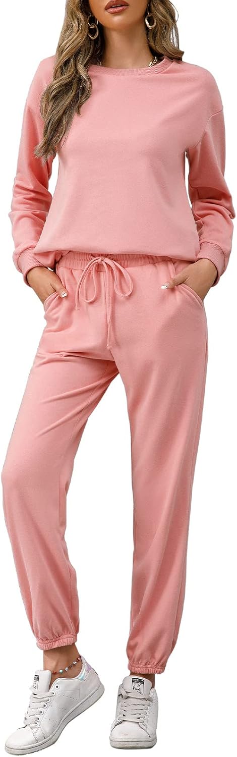 REORIA Damen Tracksuit Langarm Rundhalsausschnitt Einfarbig Zweiteiler Outfit Hoodie Jogger Training