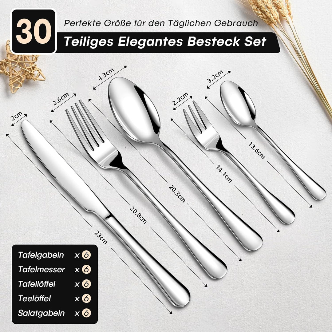 Besteck Set 6 Personen, 30 Teilig Essbesteck Set mit Messer Gabel Löffel, Besteckset Edelstahl Spieg