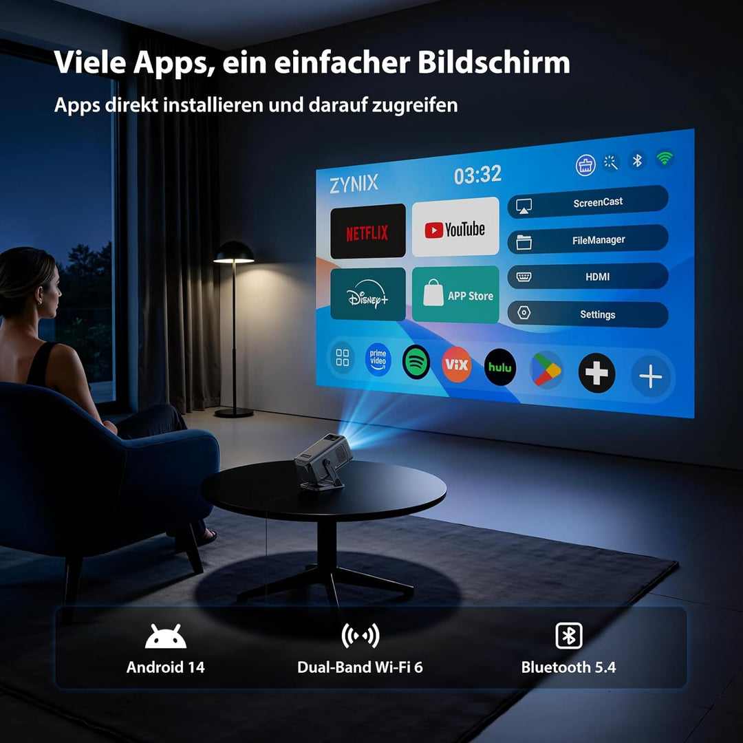 ZYNIX Smart Mini Beamer mit Android 14, unterstützt 4K & 1080P, WLAN Projektor mit WiFi 6 & Bluetoot