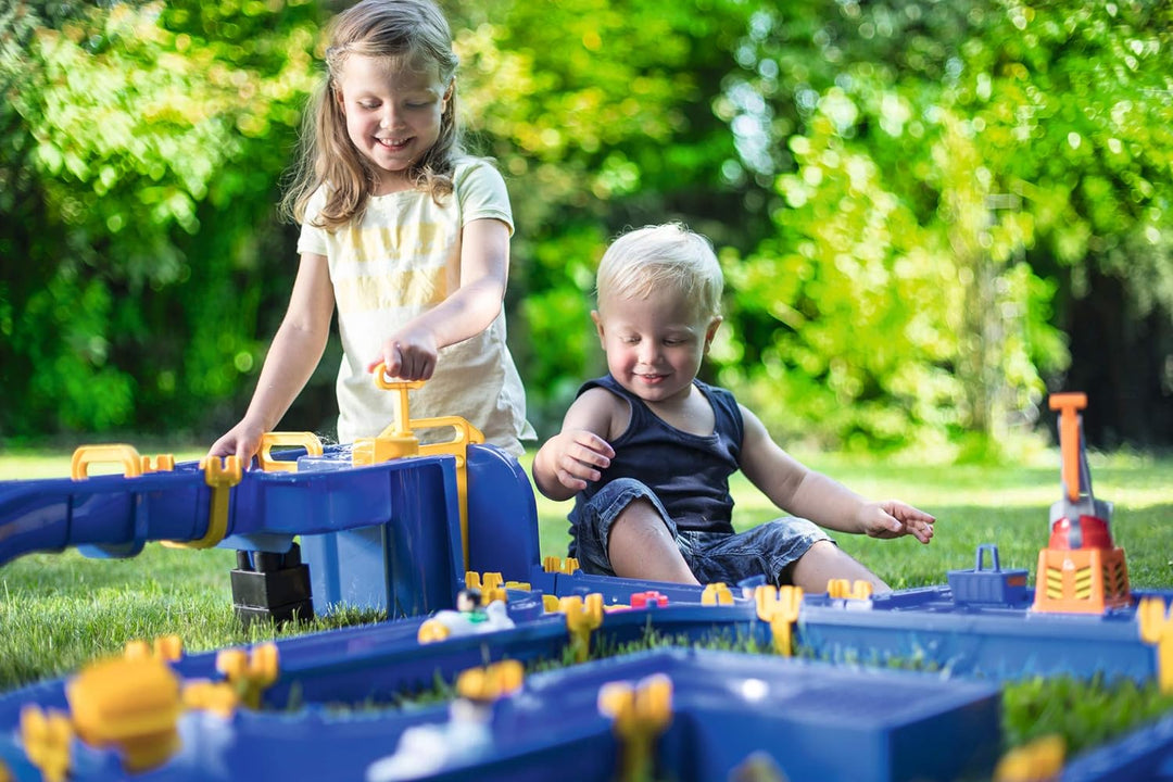 BIG - Waterplay Amsterdam - Wasserbahn blau, 175 x 143 x 27cm grosse Bahn, mit 4 Booten, Wasserflugz