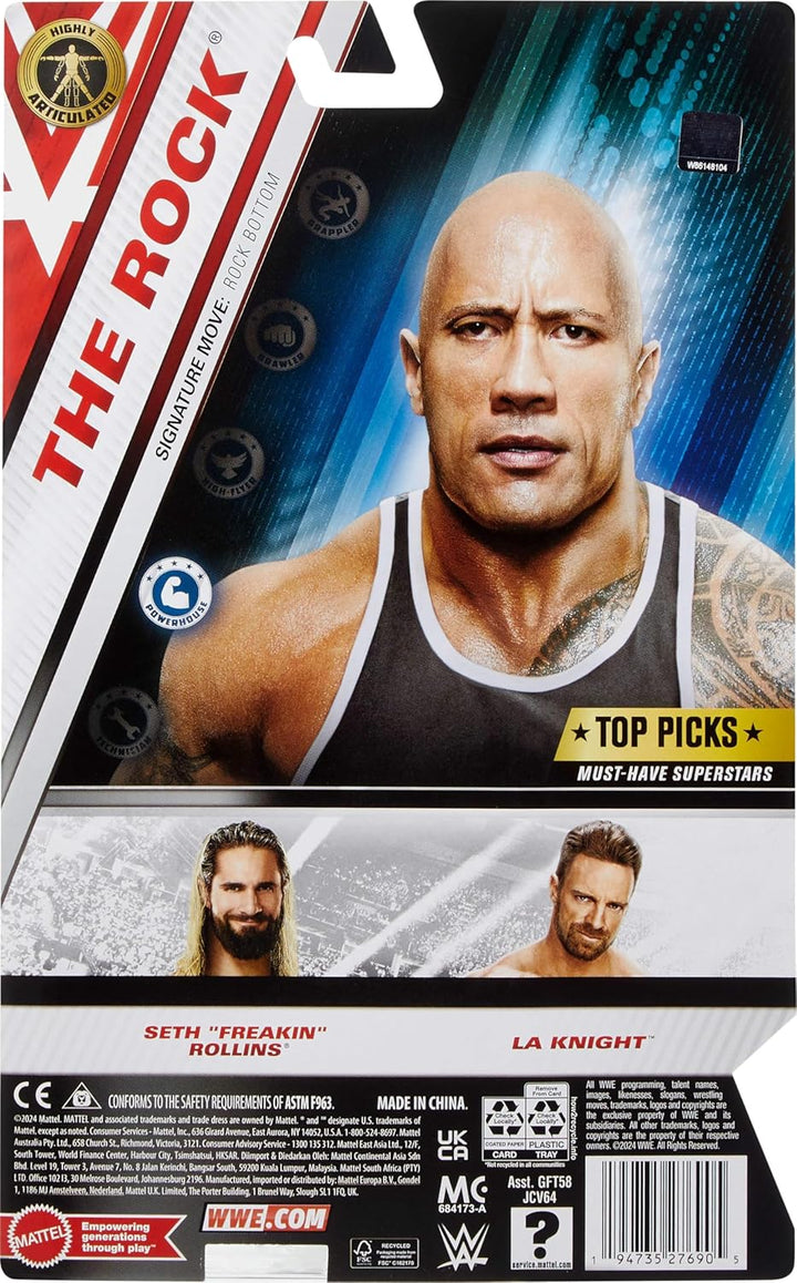 Mattel WWE Top Picks Actionfigur, 15,2 cm grosses Sammlerstück The Rock mit 14 Gelenkpunkten & leben