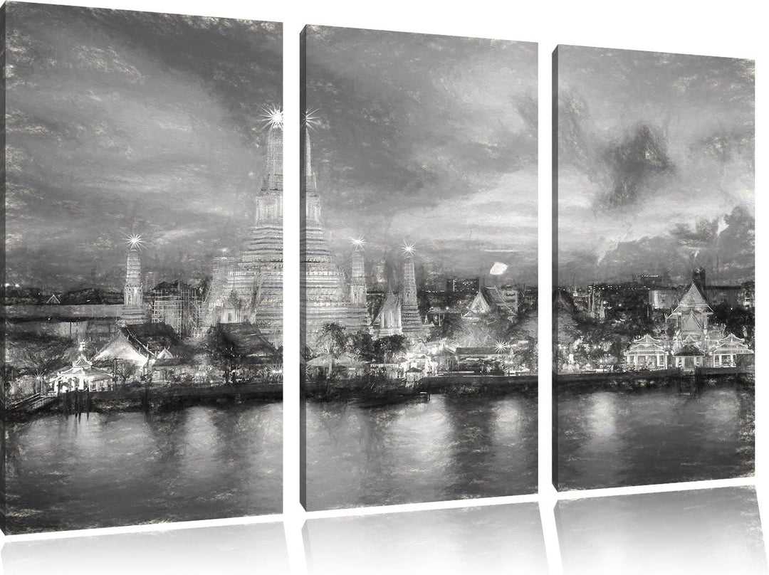 Pixxprint Tempel Bangkok Thailand / 3-Teilig/Gesamtmass 120cm Leinwandbild bespannt auf Holzrahmen/W