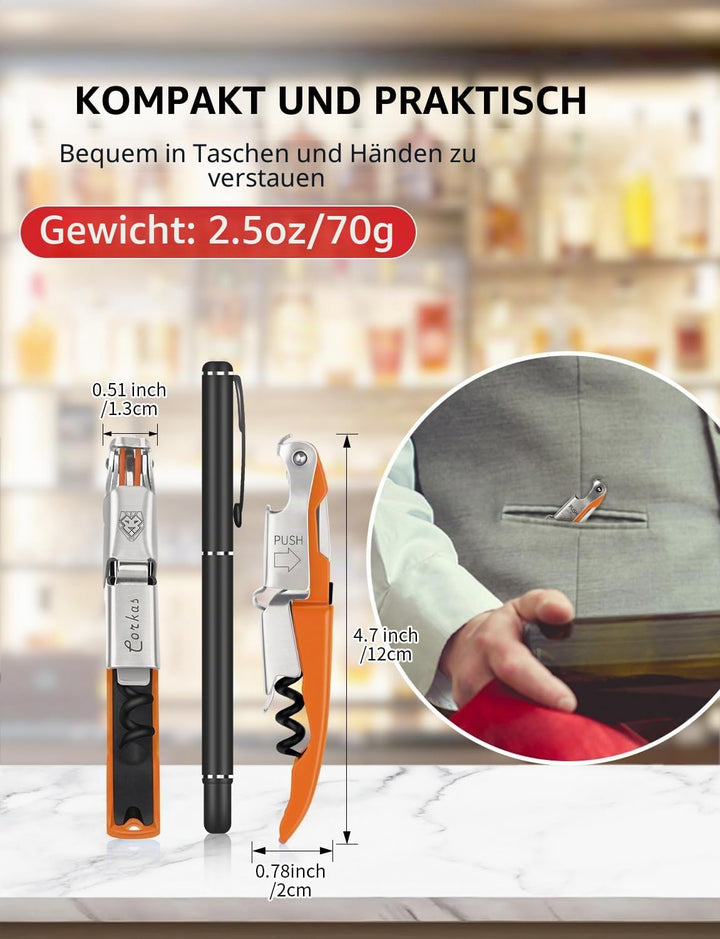CORKAS Kellnermesser - Profi Korkenzieher aus Edelstahl in Gastronomie Qualität mit Flaschenöffner &