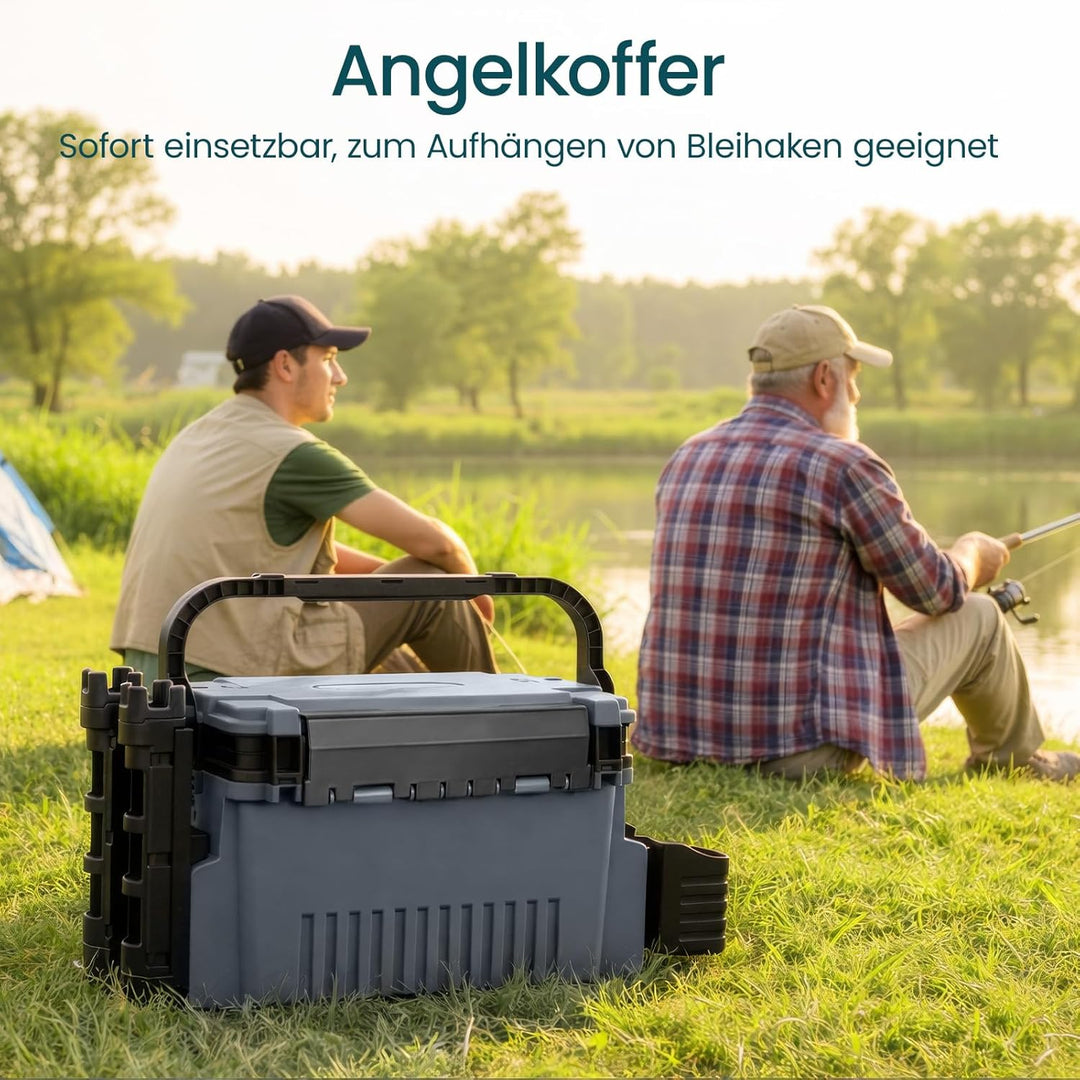 2-stöckig Gross Angelkoffer Tackle Box mit Rutenhalter & Becherhalter, klappbarem Tragegriff, 43×23×