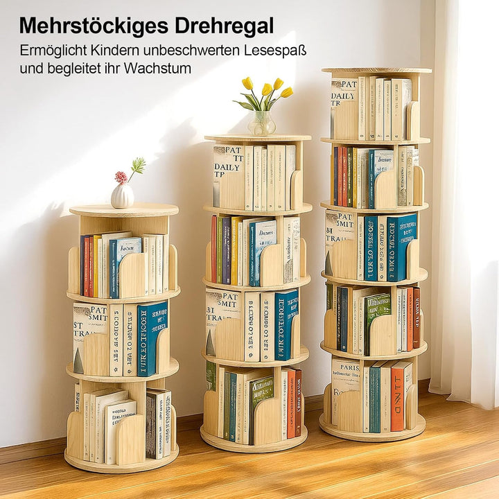 Youyijia Kinder Bücherregal Drehbar, 3 Ebenen Holz Bücherregal, Freistehendes Drehregal für Kinderzi