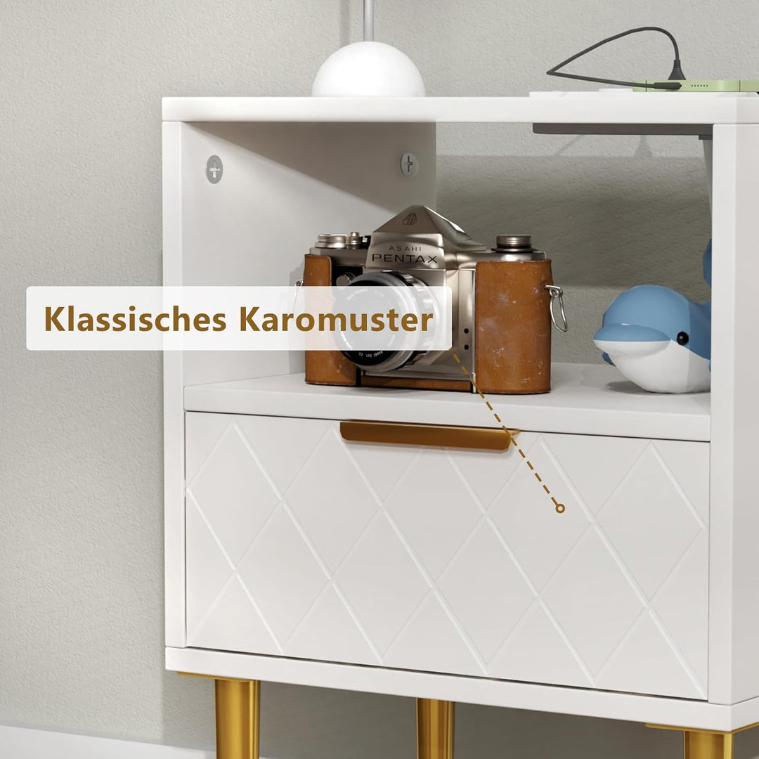 Lvhecforhm Nachttisch mit Ladestation, Nachtschrank mit 1 Offenen Ablagen und 1 Schublade, 2 AC-Stec