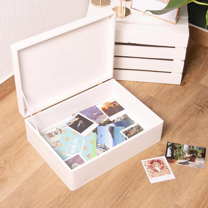 LAUBLUST Holzkiste mit Deckel - 40x30x14cm, Weiss, FSC® - Aufbewahrungskiste | Erinnerungsbox | Bast