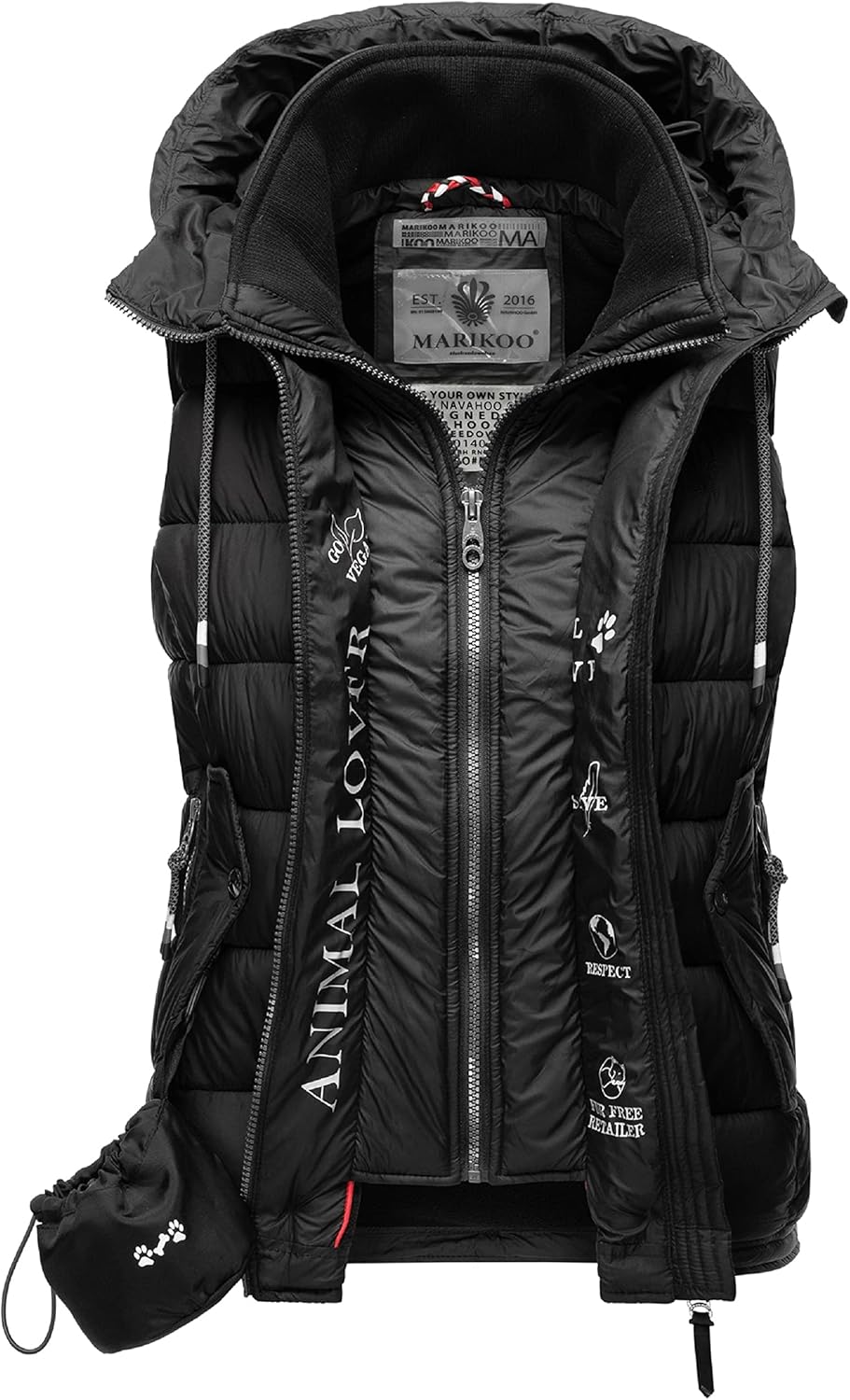 MARIKOO Damen leichte Übergangsweste Steppweste mit Kapuze Taisaa XS-3XL, XS Schwarz