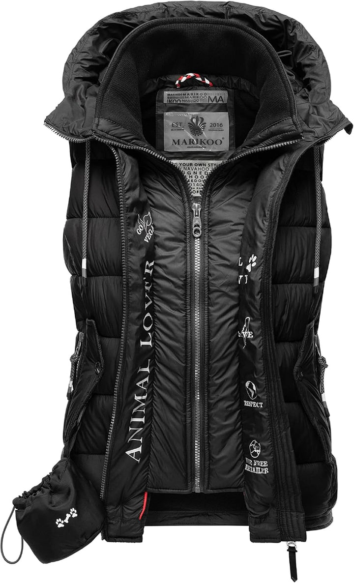 MARIKOO Damen leichte Übergangsweste Steppweste mit Kapuze Taisaa XS-3XL, XS Schwarz